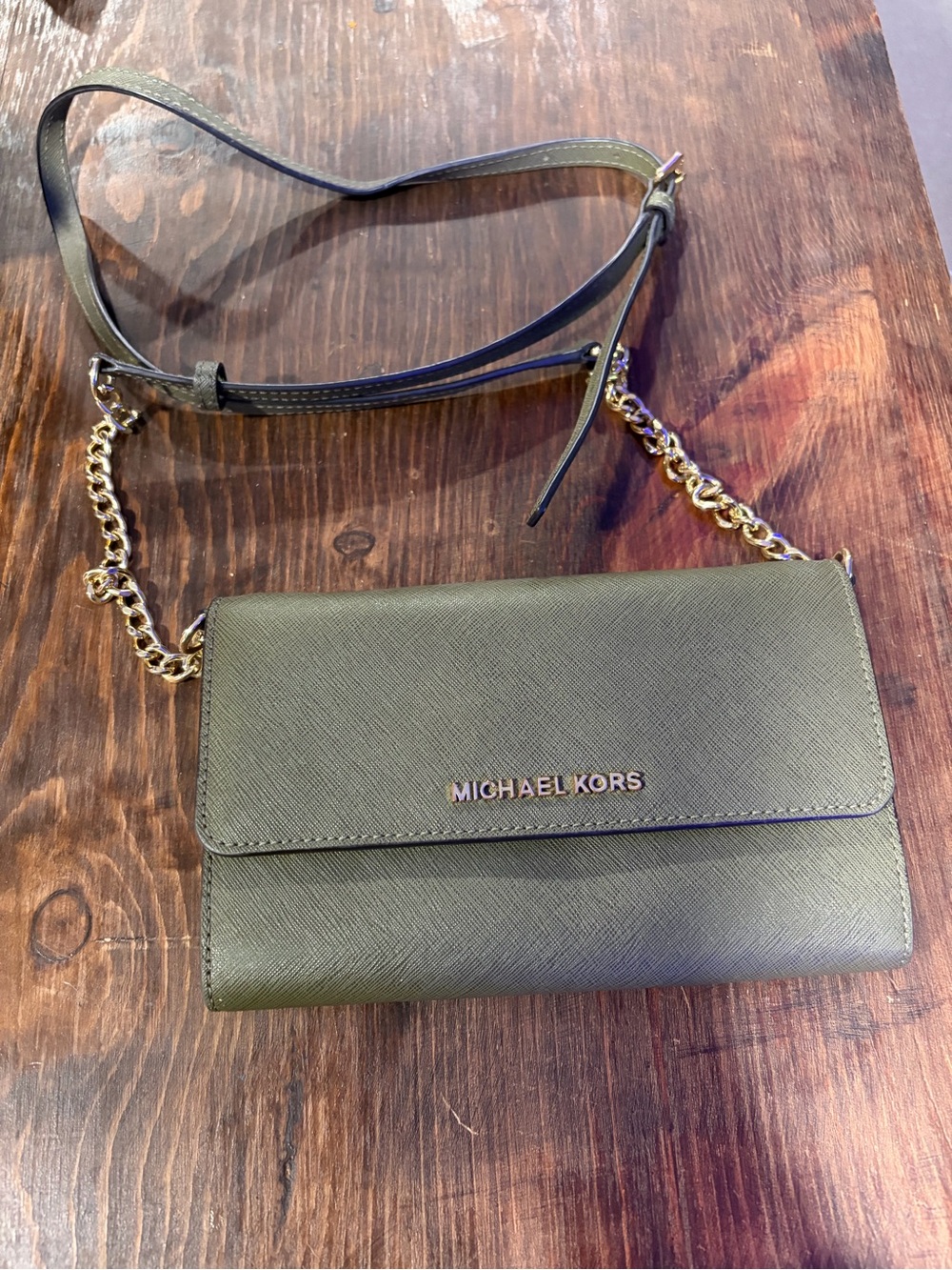 Michael Kors Olive Green Leather Crossbody with Gold Chain